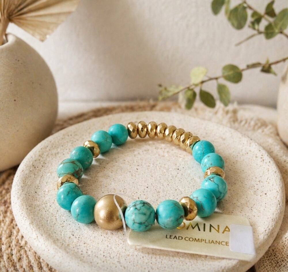 Pomina Turqouise Gold Beaded Stretch Bracelet New